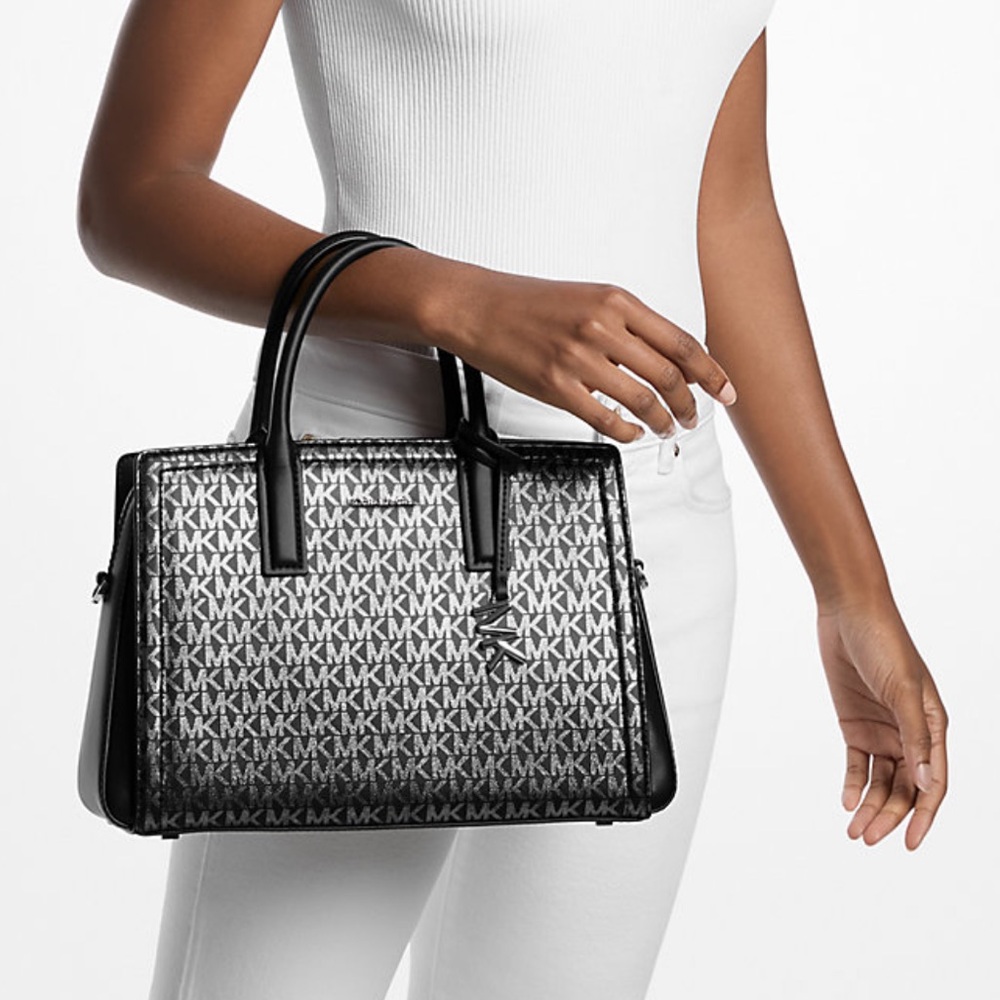 MICHAEL KORS Laila Medium Metallic Signature Logo Satchel
Black 
NWT 
Live Style - Picture 3 of 16
